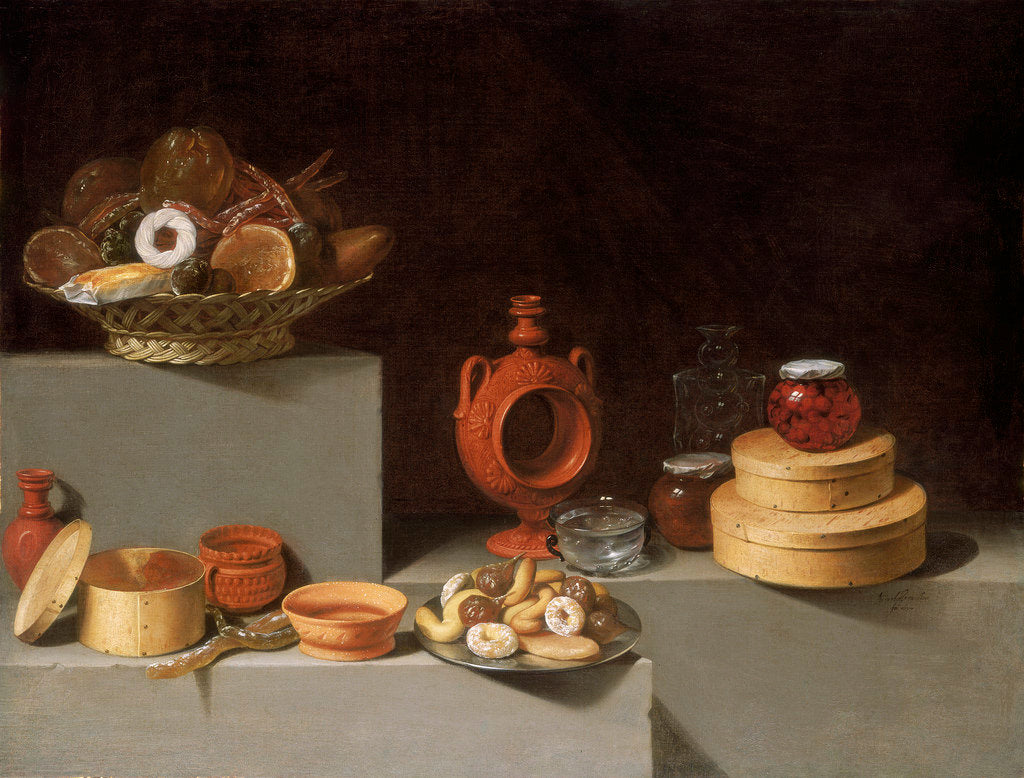 Still Life with Sweets and Pottery, vintage artwork by Juan van der Hamen, 12x8" (A4) Poster