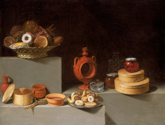 Still Life with Sweets and Pottery, vintage artwork by Juan van der Hamen, 12x8" (A4) Poster