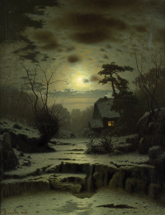 Winter Landscape. Full Moon, vintage artwork by Louis Douzette, 12x8