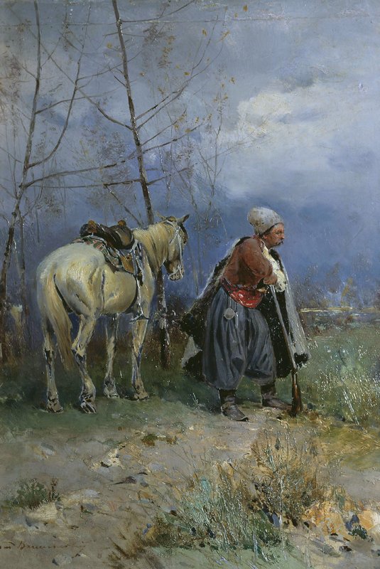 Cossack on Duty, vintage artwork by Sergei Ivanovich Vasilkovsky, 12x8" (A4) Poster