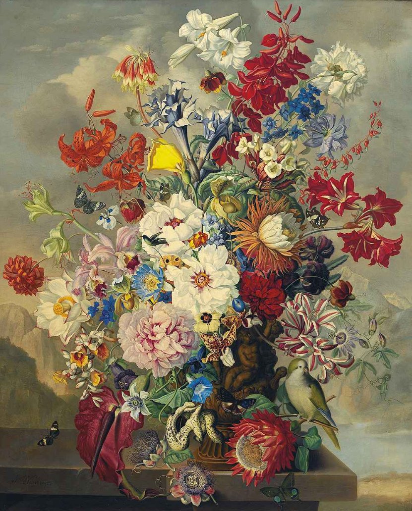 Flower Still Life with Parrot and Butterflies, vintage artwork by Sebastian Wegmayr, 12x8" (A4) Poster