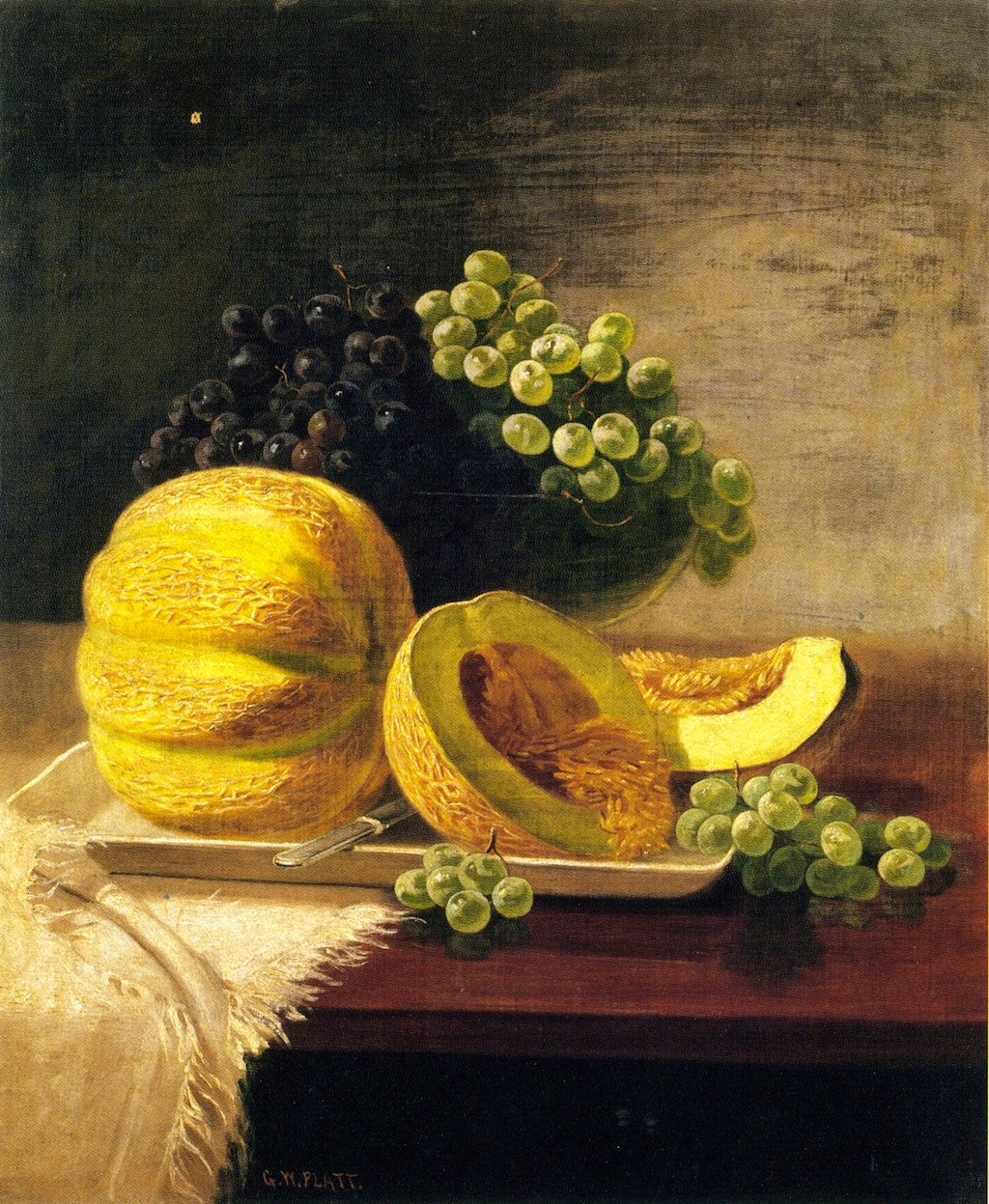 Still Life with Cantaloupe and Grapes, vintage artwork by George W. Platt, 12x8" (A4) Poster