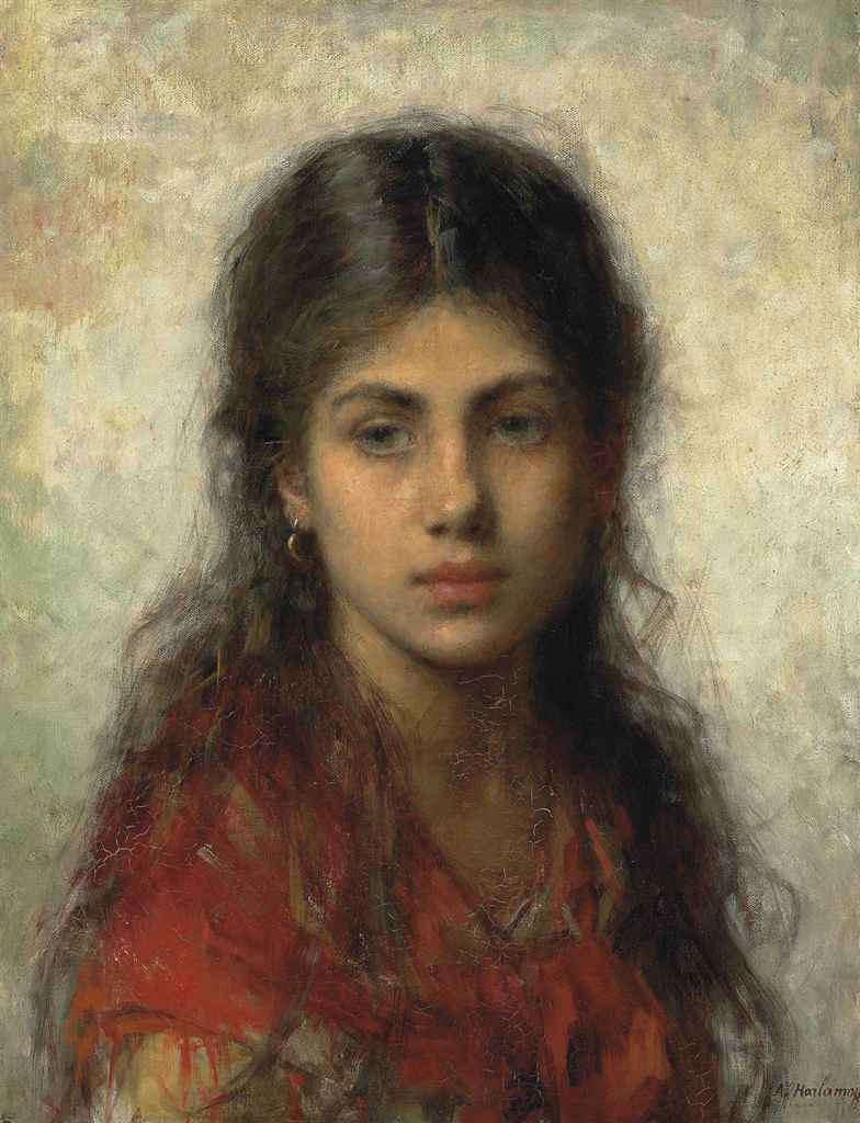 Girl with a Red Shawl, vintage artwork by Alexei Harlamoff, 12x8" (A4) Poster