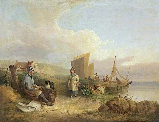 Fisherman Mending His Nets, vintage artwork by William Shayer Snr, 12x8" (A4) Poster