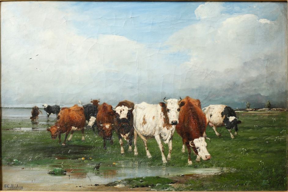 Cows on the beach, vintage artwork by Anders Kallenberg, 12x8" (A4) Poster