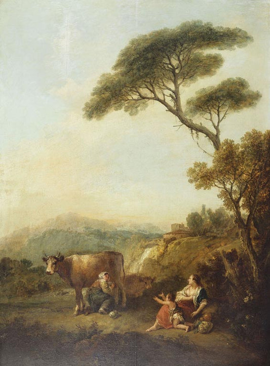 Landscape with a Woman Milking a Cow and a Child Begging for Milk, vintage artwork by Francesco Zuccarelli, 12x8" (A4) Poster