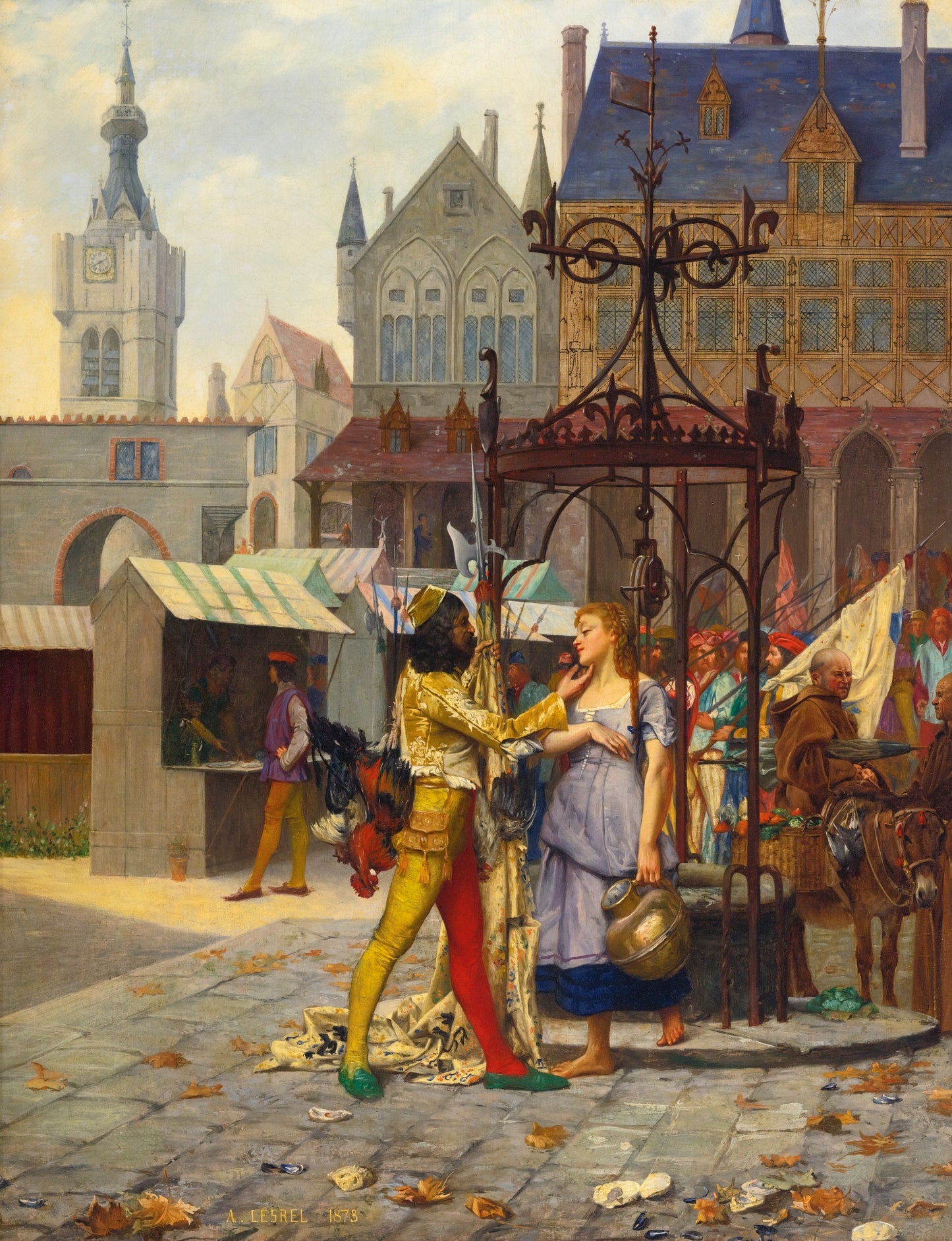 Flirtation in the Town Square, vintage artwork by Adolphe Alexander Lesrel, 12x8" (A4) Poster