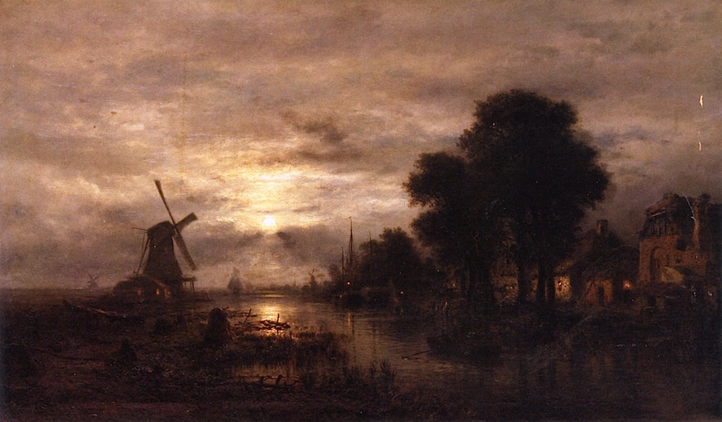 Nocturne with Windmill, vintage artwork by Wilhelm Xylander, 12x8" (A4) Poster