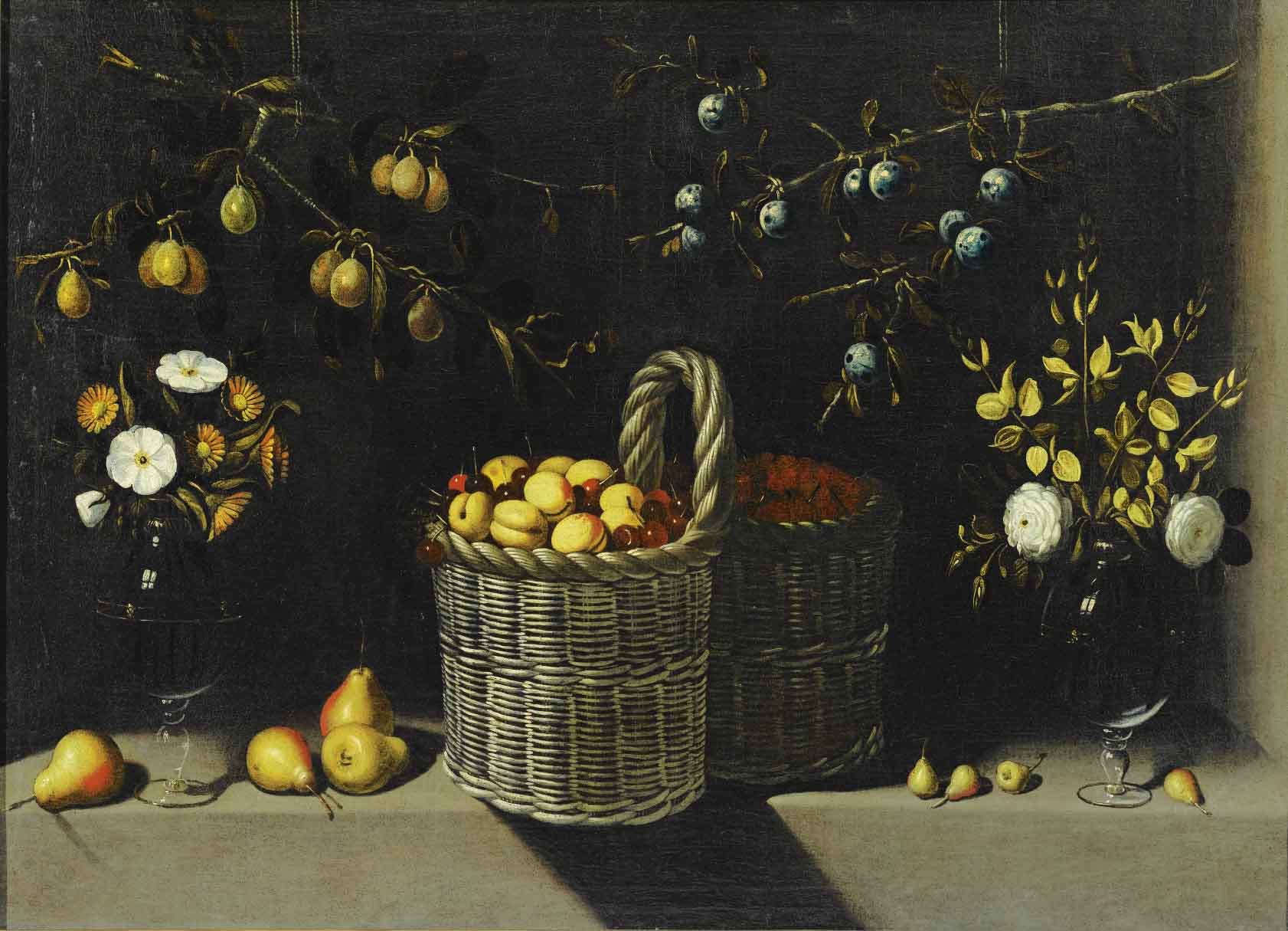 Still Life with a Basket of Apricots and Cherries and Vases of Flowers, vintage artwork by Juan van der Hamen, 12x8" (A4) Poster