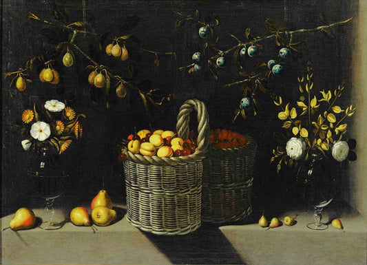 Still Life with a Basket of Apricots and Cherries and Vases of Flowers, vintage artwork by Juan van der Hamen, 12x8" (A4) Poster