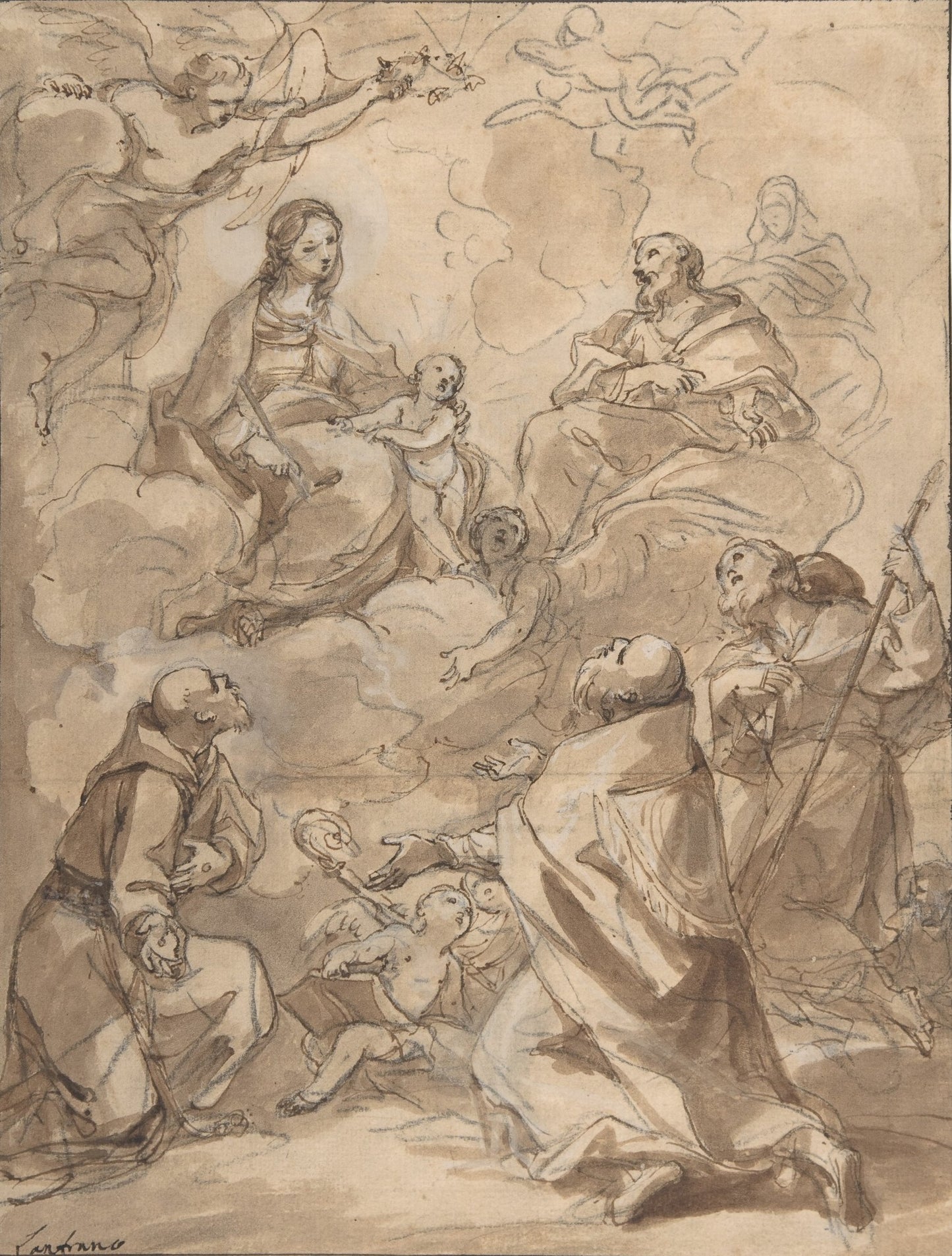 The Holy Family Appearing to St. Francis, St. Augustine, and St. Roch, vintage artwork by Charles-Joseph Natoire, 12x8" (A4) Poster