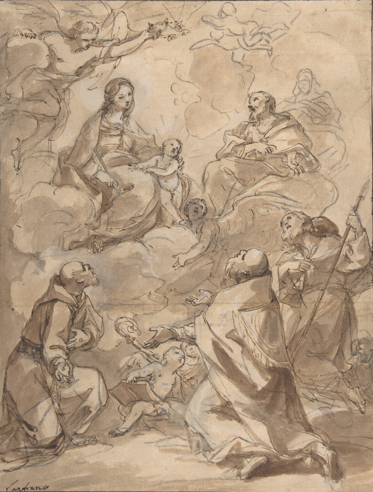 The Holy Family Appearing to St. Francis, St. Augustine, and St. Roch, vintage artwork by Charles-Joseph Natoire, 12x8" (A4) Poster