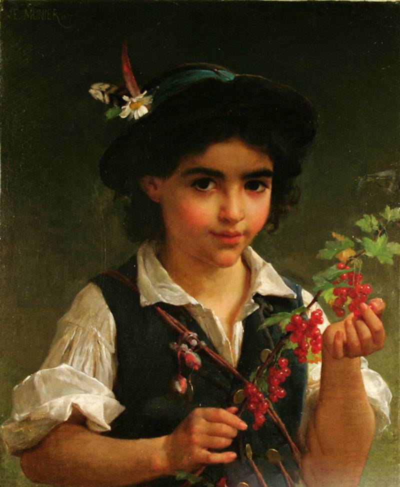 A Young Boy Holding a Branch of Berries, vintage artwork by Émile Munier, 12x8" (A4) Poster