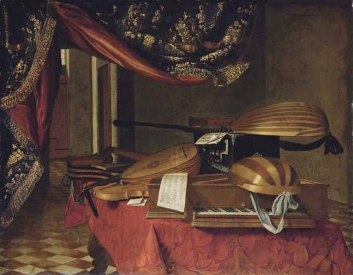 A Spinet, a Mandolin, Lutes and other Musical Instruments on a Draped Table, vintage artwork by Evaristo Baschenis, 12x8" (A4) Poster