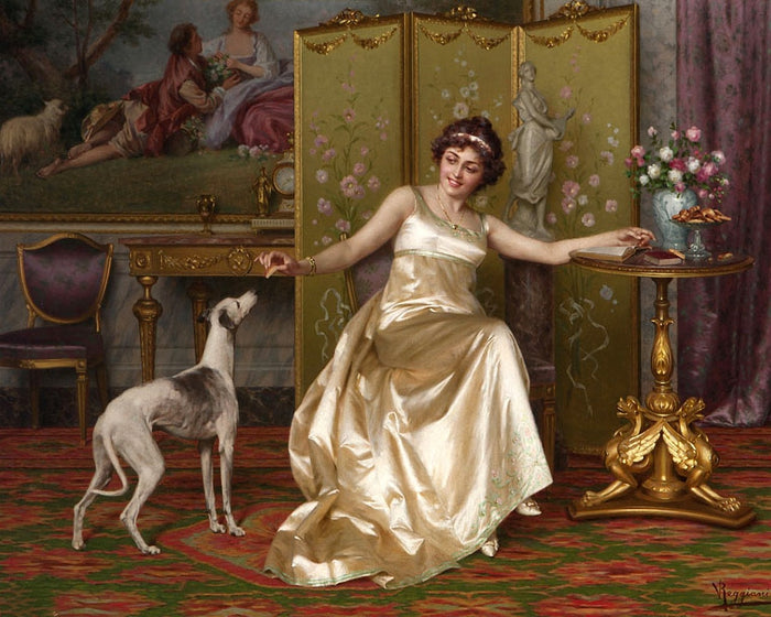 with an Italian Greyhound at her Side by Vittorio Reggianini,A3(16x12