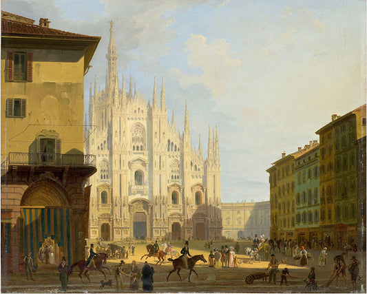 Duomo Square, Milan, vintage artwork by Giovanni Migliara, 12x8" (A4) Poster