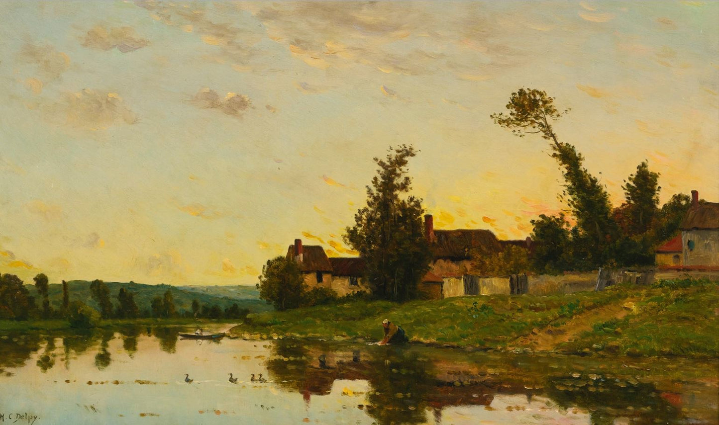 Washerwoman on the Banks of the River, vintage artwork by Hippolyte-Camille Delpy, 12x8" (A4) Poster