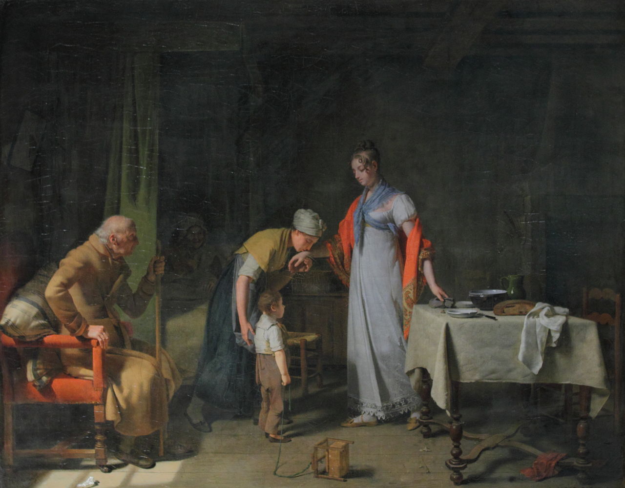 Jeune femme portant secours à une famille malheureuse, vintage artwork by Martin Drölling, 12x8" (A4) Poster