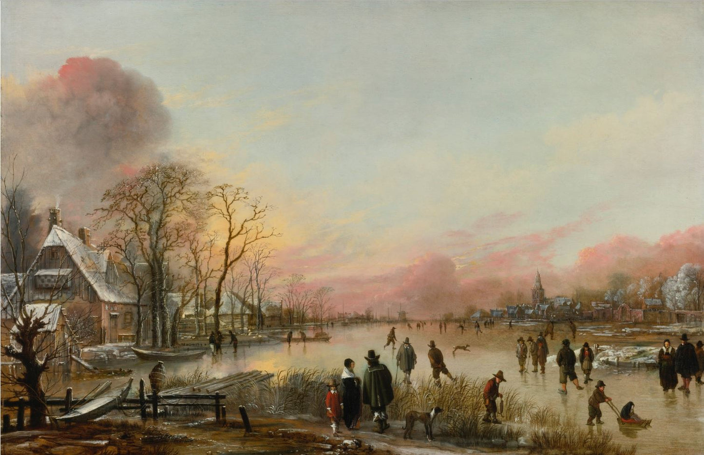 Frozen River at Sunset, vintage artwork by Aert van der Neer, 12x8" (A4) Poster