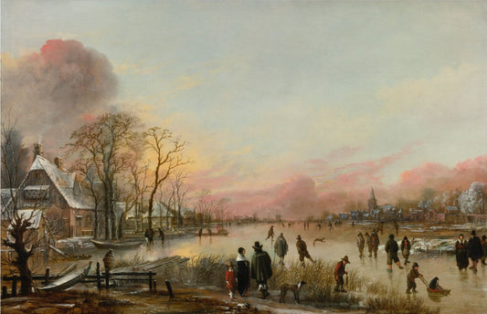 Frozen River at Sunset, vintage artwork by Aert van der Neer, 12x8" (A4) Poster