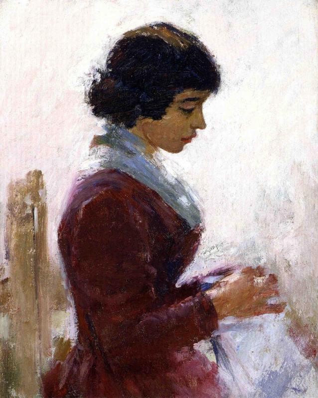 Girl in Red, Sewing by Theodore Robinson,A3(16x12")Poster