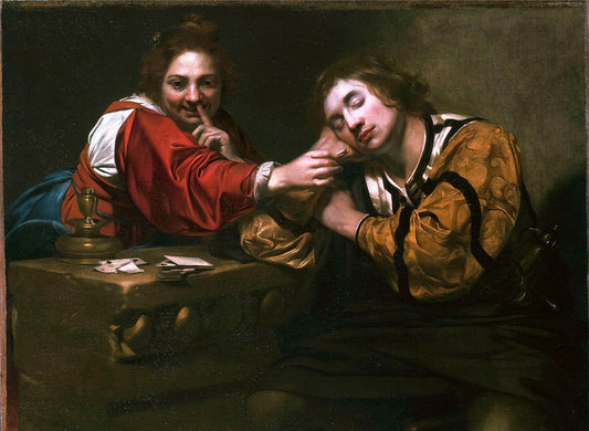 Sleeper Awakened by  a Young Woman with a Lit Wick, vintage artwork by Nicolas Regnier, 12x8" (A4) Poster