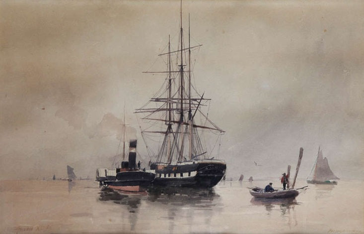 Three Masted Ship and Steamboat on the Scheldt, vintage artwork by Maurice Hagemans, 12x8" (A4) Poster