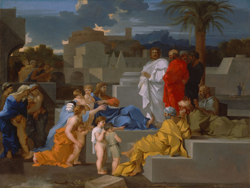 Christ Receiving the Children, vintage artwork by Sebastien Bourdon, 12x8" (A4) Poster