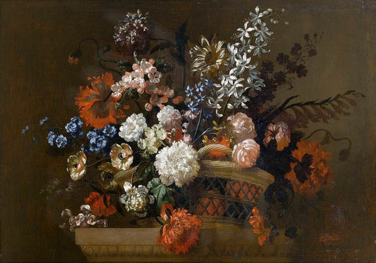 Flowers in Basket, vintage artwork by Pieter Casteels, 12x8" (A4) Poster