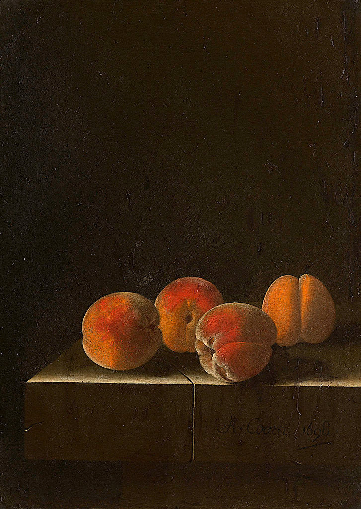Four Apricots on a Stone Plinth, vintage artwork by Adriaen Coorte, 12x8" (A4) Poster