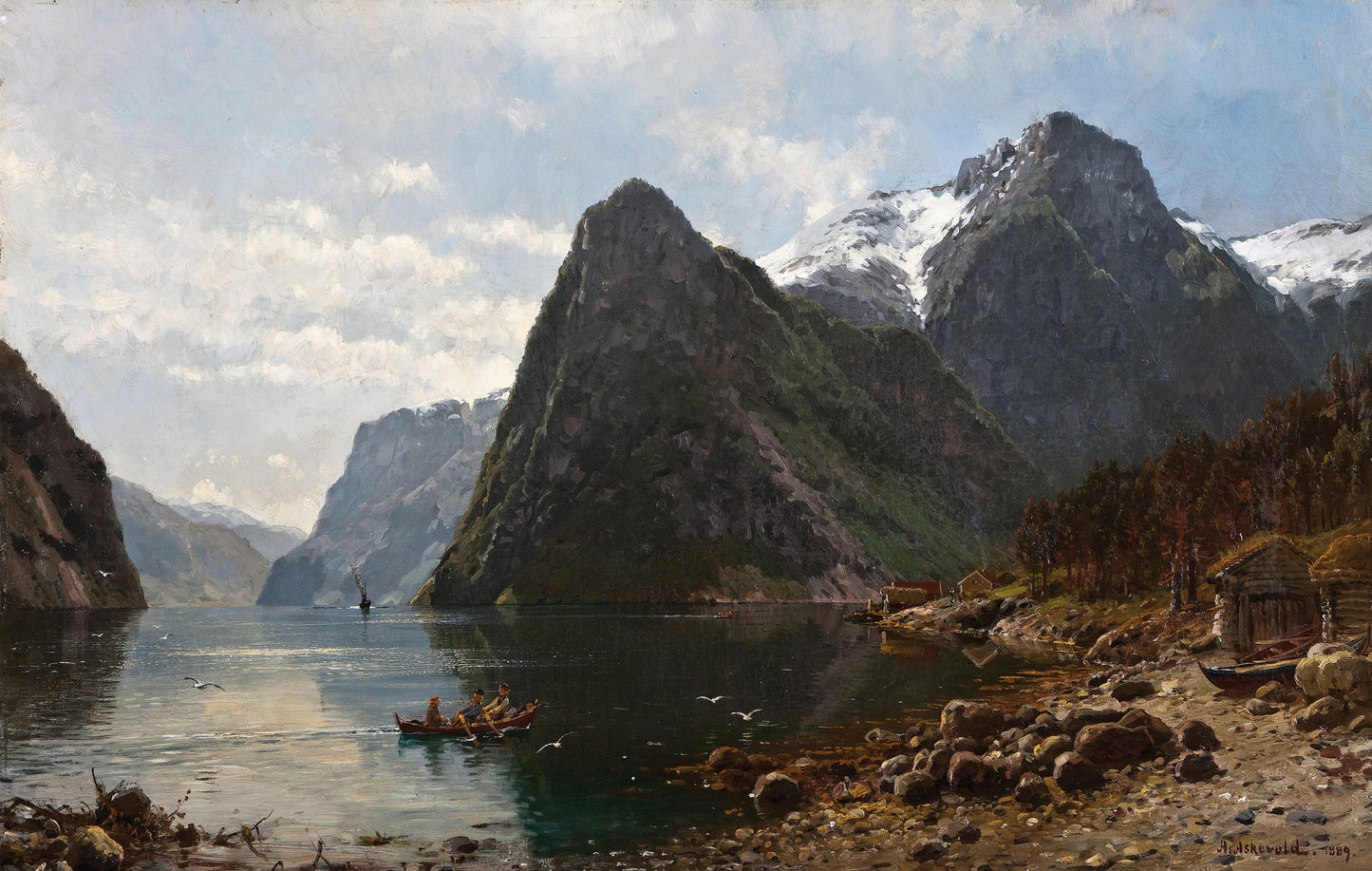 Fjord Landscape with People, vintage artwork by Anders Monsen Askevold, 12x8" (A4) Poster