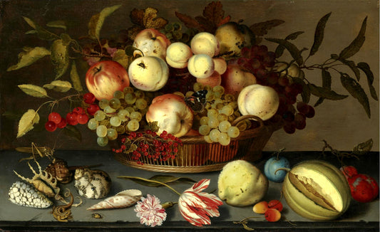 Still Life of Peaches, Apples, Grapes, Cherries, etc., vintage artwork by Balthasar van der Ast, 12x8" (A4) Poster