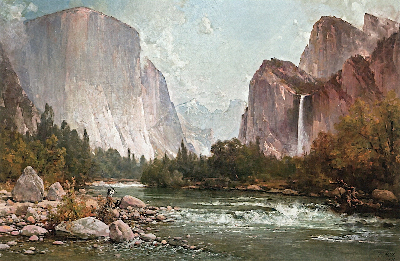 Fishing on the Merced River, vintage artwork by Thomas Hill, 12x8" (A4) Poster