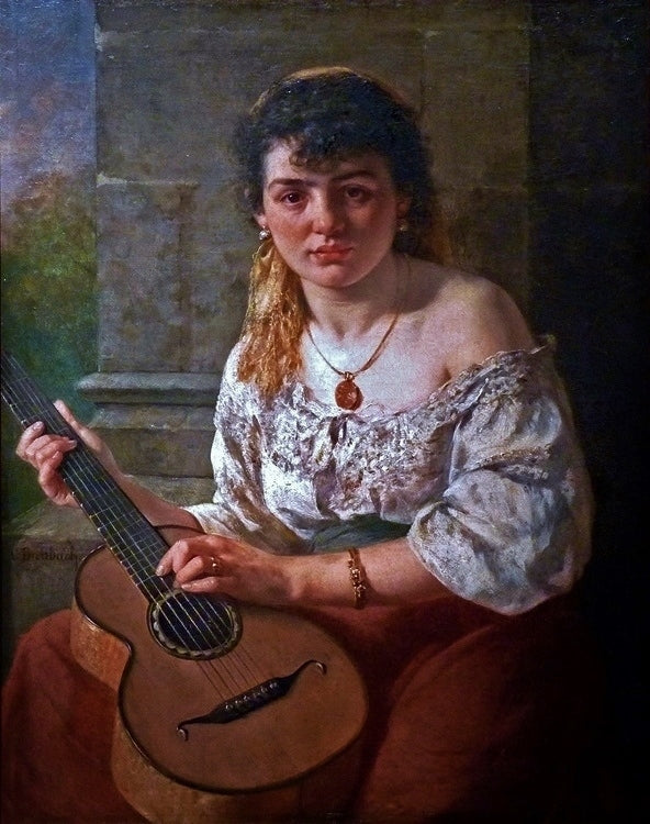 Italian Woman with Guitar, vintage artwork by Carl Breitbach, 12x8" (A4) Poster