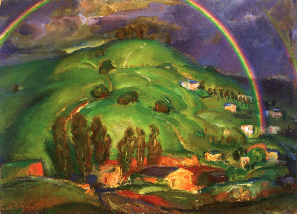 Rainbow and Green Hills, vintage artwork by Edouard Vysekal, 12x8" (A4) Poster