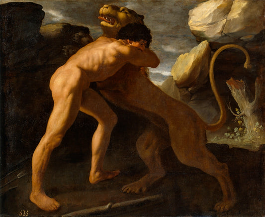 Hercules Fighting with the Nemean Lion, vintage artwork by Francisco de Zurbarán, 12x8" (A4) Poster