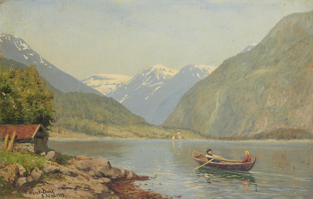 Figures in a Rowing Boat on a Fjord, vintage artwork by Hans Dahl, 12x8" (A4) Poster