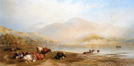 Cattle Resting at Loch Lomond, vintage artwork by Cornelius Pearson, A3 (16x12") Poster Print