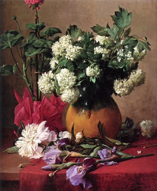 White Vibernums in a yellow vase, vintage artwork by Fritz Hanno, 12x8" (A4) Poster