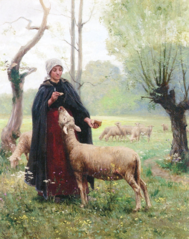 Shepherdess with Lamb, vintage artwork by Georges Laugee, 12x8" (A4) Poster
