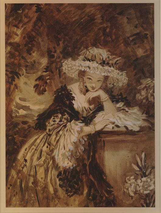 Portrait of a young lady with left elbow resting on plinth, vintage artwork by Alfred Edward Chalon, 12x8