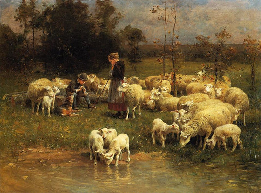 Guarding the Flock, vintage artwork by Charles-Émile Jacque, A3 (16x12") Poster Print