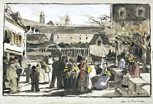 Place de Pont L'Abbe, vintage artwork by Lucien Simon, 12x8" (A4) Poster
