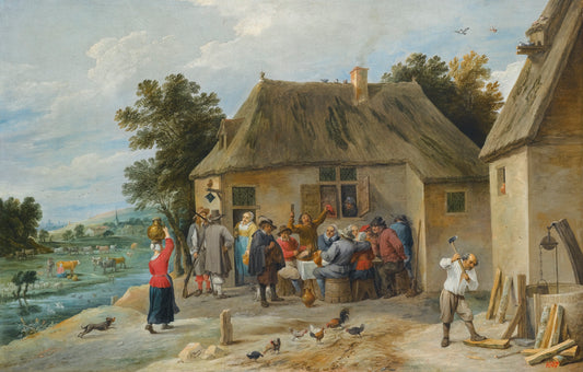 A Countryside Inn with Revellers Enjoying an Afternoon's Drinking, vintage artwork by David Teniers (II), 12x8" (A4) Poster