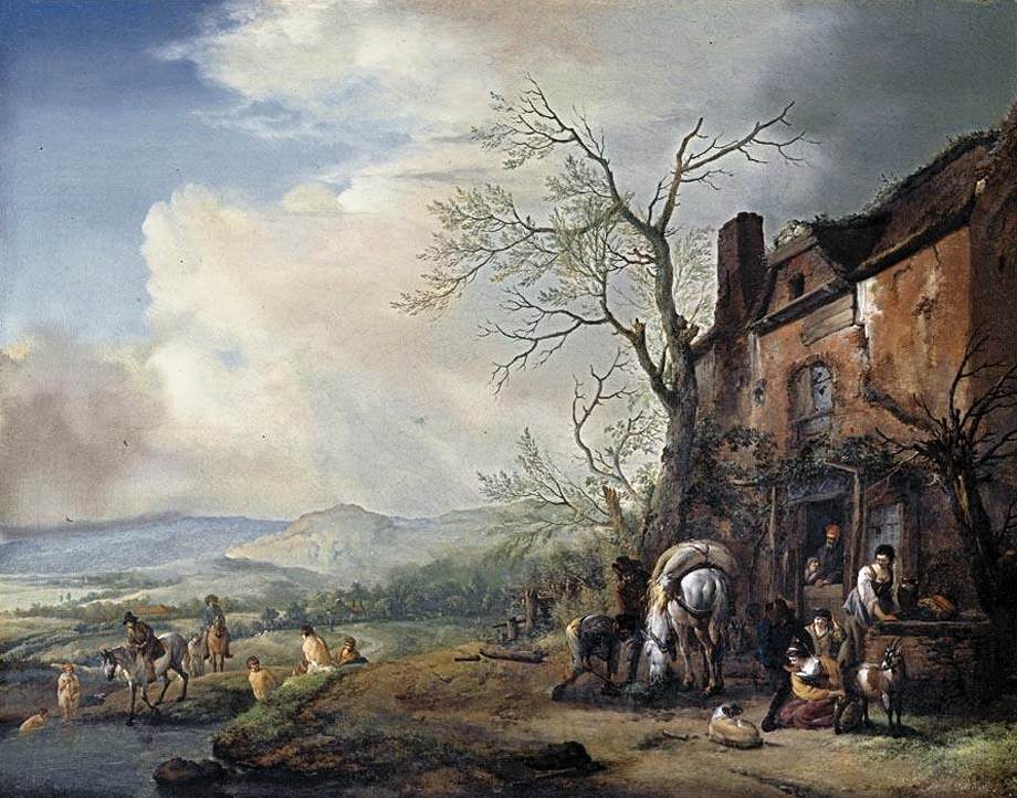 Landscape with Peasants by  a Cottage, vintage artwork by Philips Wouwerman, 12x8" (A4) Poster