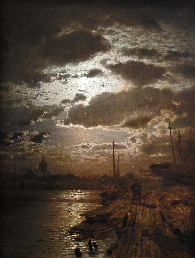 Moonlit Harbor, vintage artwork by Louis Douzette, 12x8" (A4) Poster