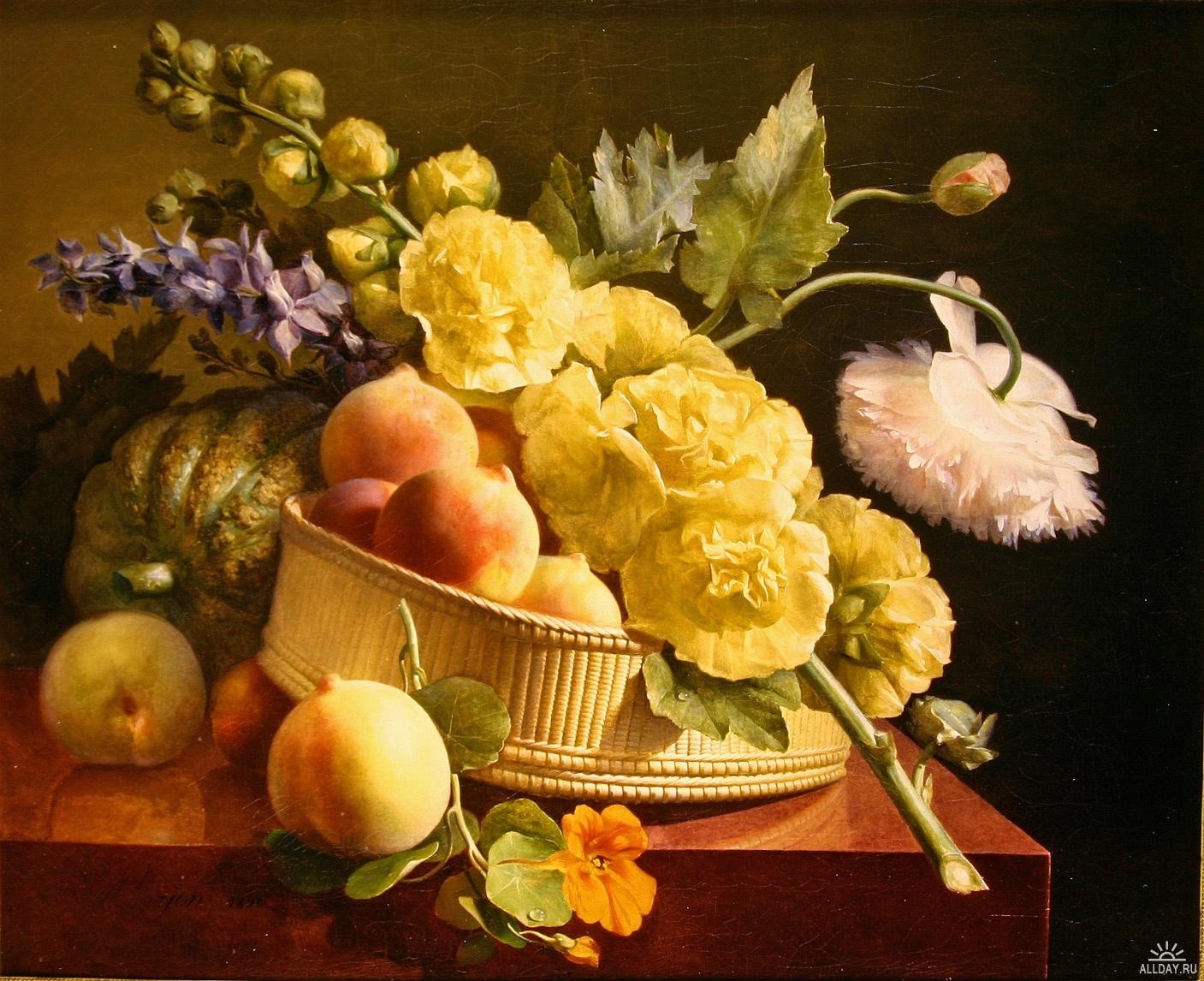 Peaches and Hollyhocks, vintage artwork by Antoine Berjon, 12x8" (A4) Poster