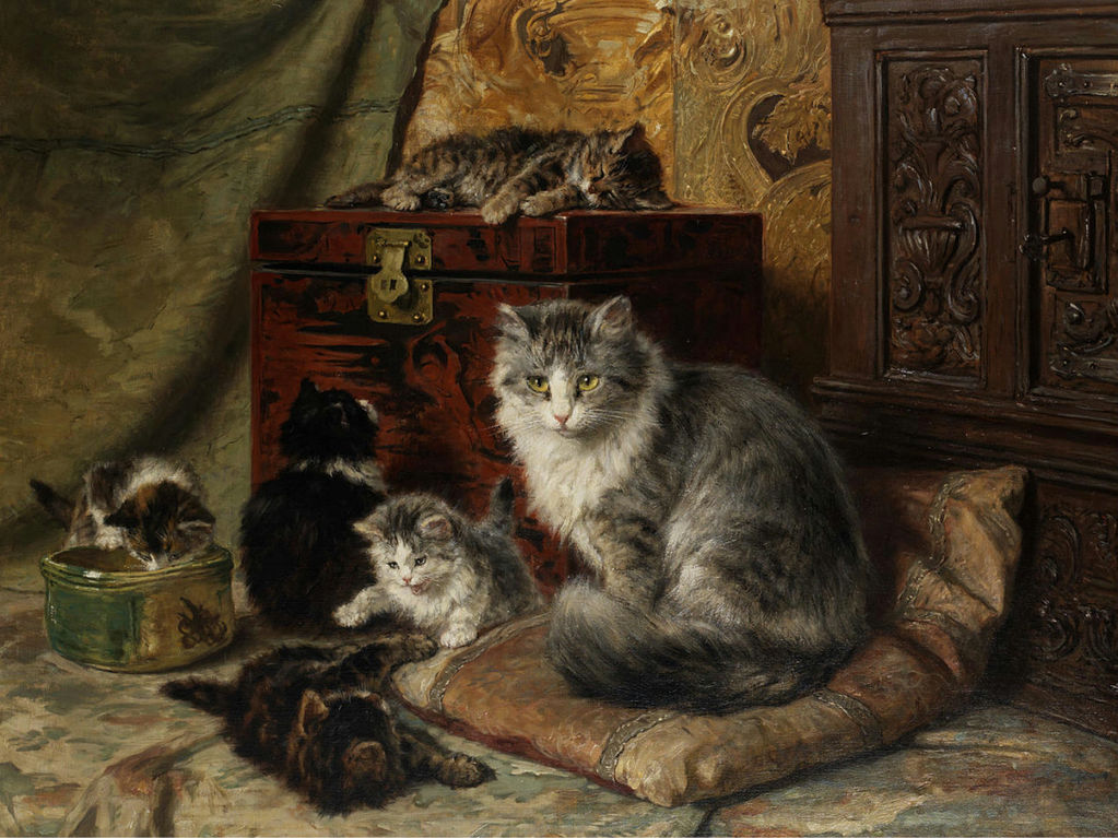 A cat and her kittens at play, vintage artwork by Henriette Ronner-Knip, A3 (16x12") Poster Print