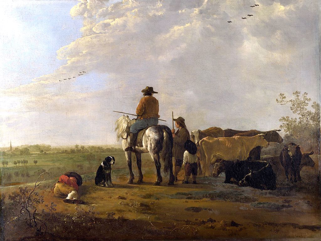 A Landscape with Horseman, Herders and Cattle, vintage artwork by Aelbert Cuyp, 12x8" (A4) Poster