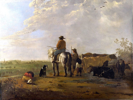 A Landscape with Horseman, Herders and Cattle, vintage artwork by Aelbert Cuyp, 12x8" (A4) Poster